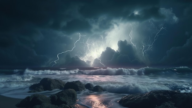 Tempestade sobre ondas de tempestade no mar com nuvens dramáticas generativas ai