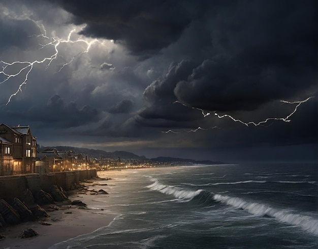 Tempestade sobre uma cidade costeira