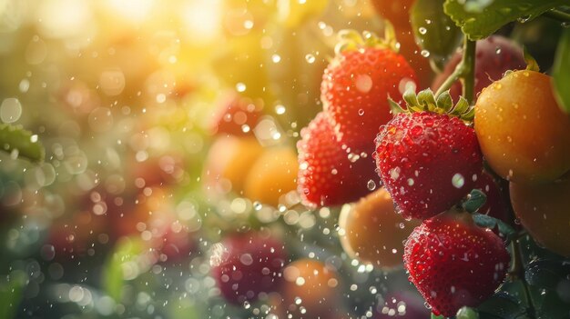 Tempestades de cápsulas de vitaminas chovendo em campos de frutas