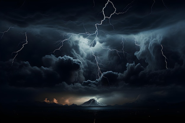 Tempestades noturnas de relâmpagos e trovões Nuvens dramáticas sobre montanhas e oceanos