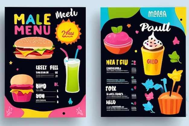 Foto templata vectorial de menú de comidas para niños de colores lindos