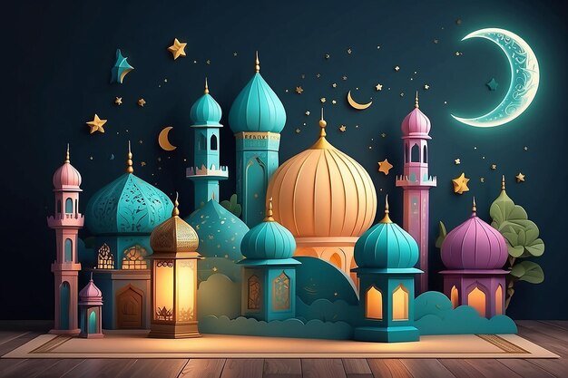 Template de bandeira da noite de ramadan 3d Mesquita bonita e lanterna exibidas em palcos com luz brilhante à noite