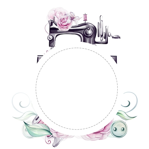 Template de marco de círculo de acuarela botones de máquina de coser vintage y flores románticas ramo de