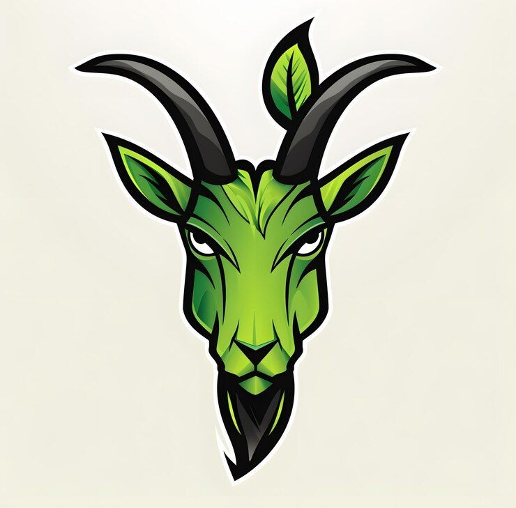 Foto template vetorial de design de logotipo de mascote de cabeça de cabra cabeça de cabra com folhas verdes