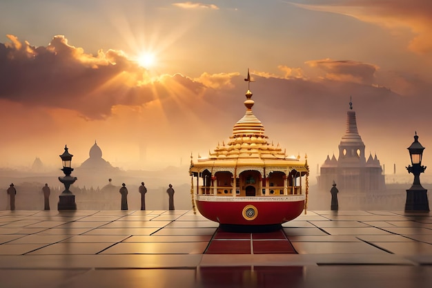 Foto un templo al atardecer con una cúpula dorada en primer plano