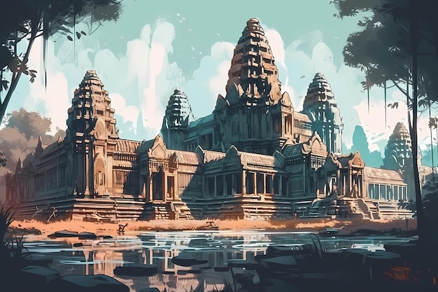 Templo de Angkor Wat en la antigua ilustración de arte digital de Camboya