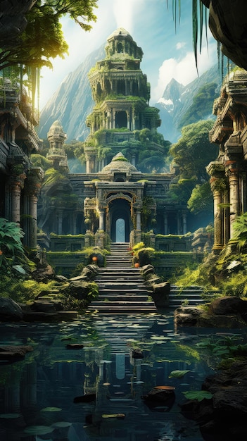 Foto templo antigo escondido dentro de uma selva exuberante