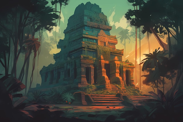 Templo antiguo en lo profundo del corazón de la ilustración de arte digital de la jungla