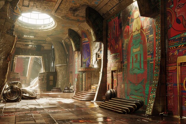Templo antiguo en un mundo alienígena con murales que representan