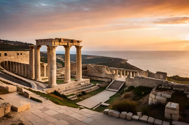 El templo de apolo al atardecer con el mar de fondo