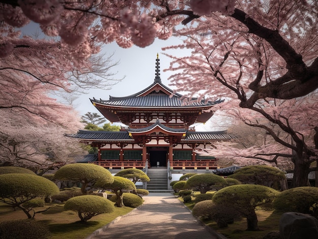 Un templo con un árbol en primer plano y un edificio de flores rosas en el fondo.