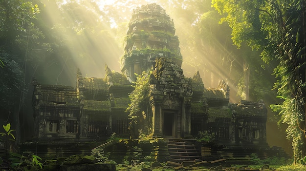 un templo con un árbol verde en el fondo