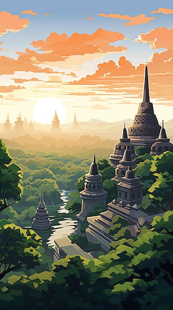 Templo Borobudur Yogyakarta Java Indonesia Paisaje ilustración vectorial