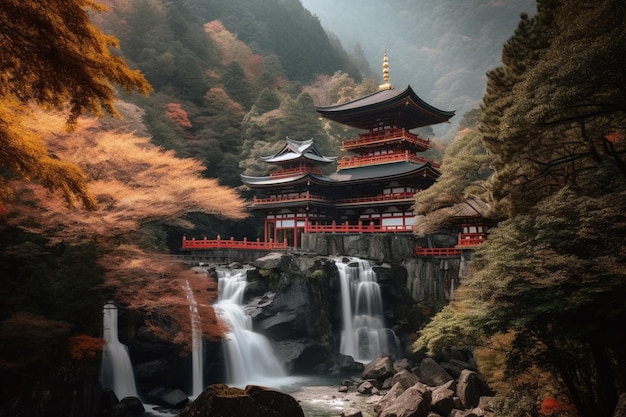 Un templo en el bosque con una cascada al fondo