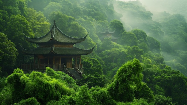 Templo budista aninhado em exuberante vegetação