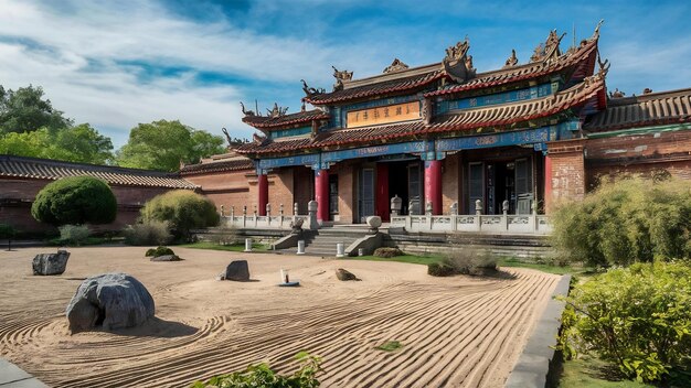 Templo budista histórico com um jardim zen na China sob um céu brilhante