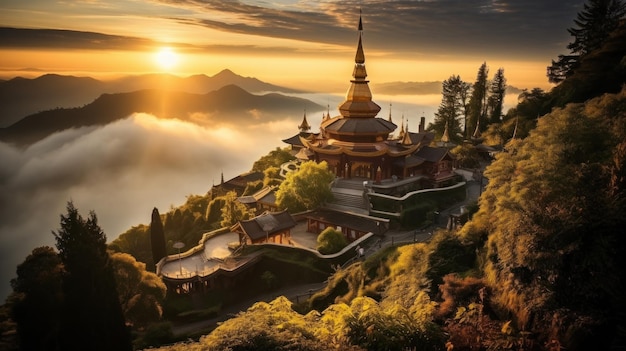 Templo budista nas montanhas ao pôr-do-sol Chiang Mai Tailândia