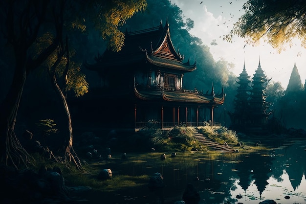Un templo budista tranquilo y sereno rodeado de naturaleza