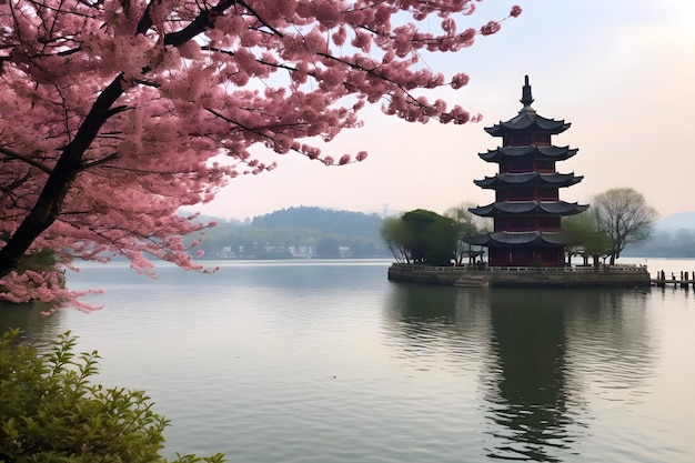 Templo chinês Clear Lake Elegance pela manhã