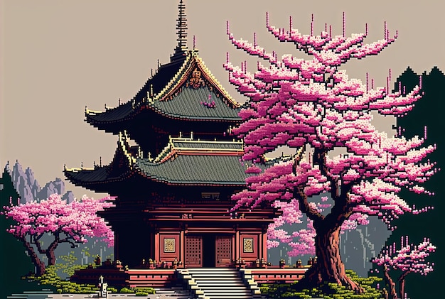 Templo chinês de pixel art e cerejeiras na paisagem das montanhas para jogo de IA de 8 bits