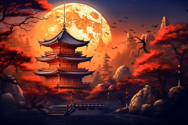 Templo chinês em terreno rochoso sob lua cheia gerada por Ai