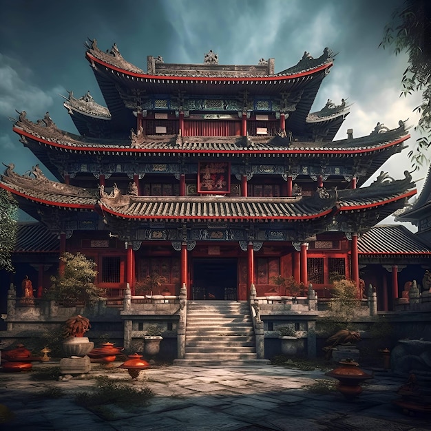 Templo chinês na floresta Esta é uma ilustração de renderização 3D