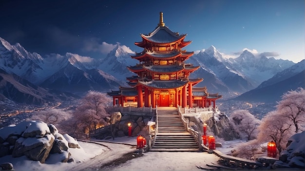 Foto templo chinês na montanha de neve