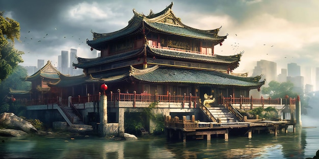 Un templo chino se encuentra en un paseo marítimo