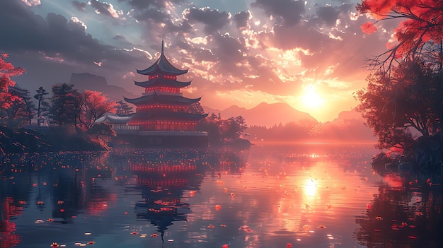 El templo chino de fantasía el fondo majestuoso