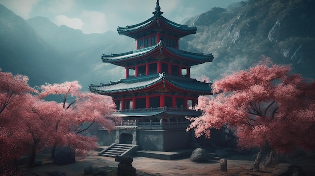 Templo chino con flores de cerezo Generativo Ai