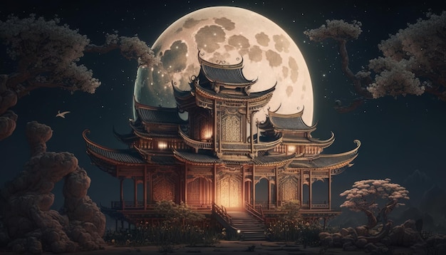 Un templo chino con una luna detrás