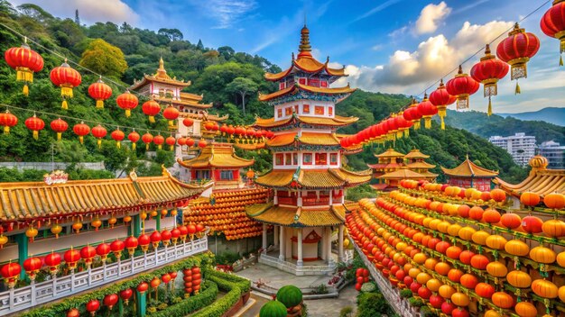 un templo chino con una pagoda en la parte superior