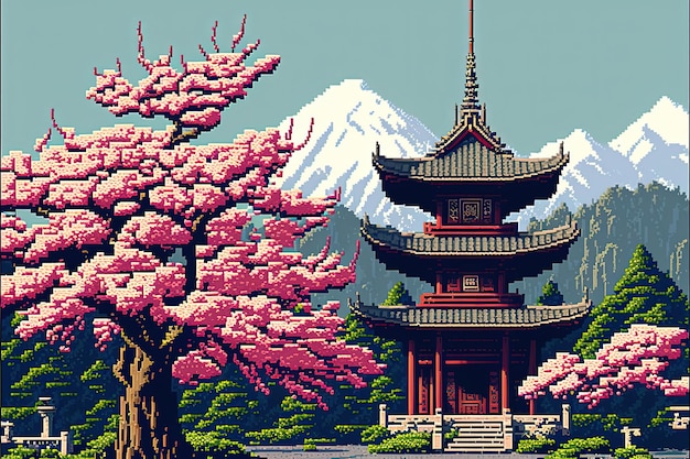 Templo chino de pixel art y cerezos en el paisaje montañoso para juegos de IA de 8 bits