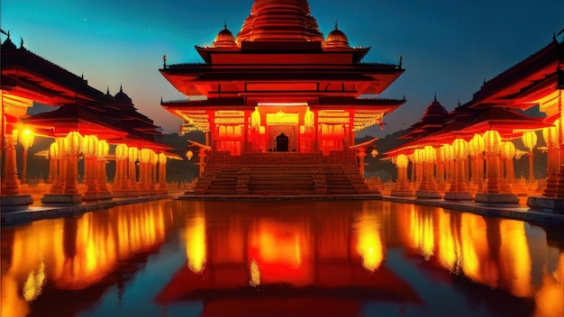 Un templo con un cielo azul y luces.