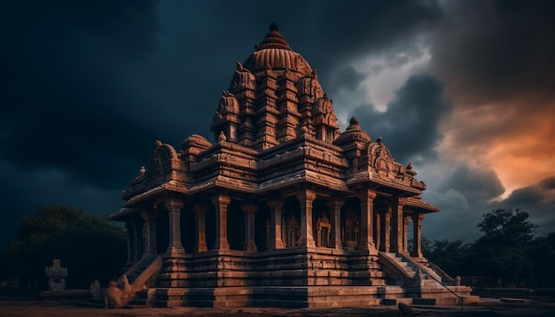 Un templo en un cielo oscuro con nubes.