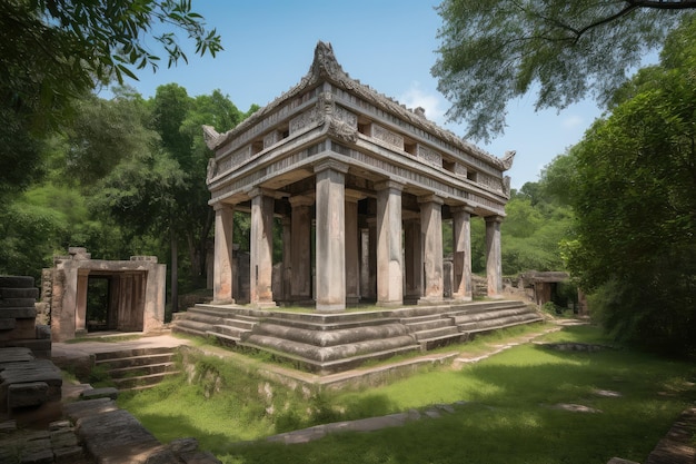 Templo con columnas y arcos rodeado de vegetación