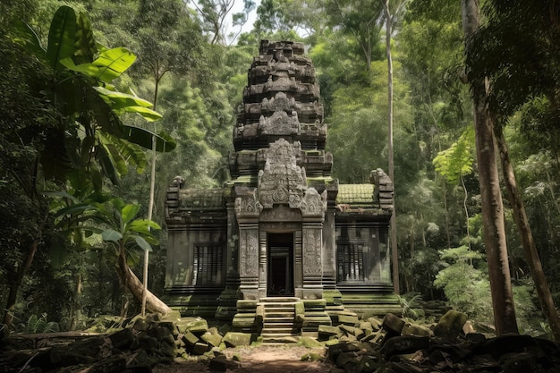 Templo com pilares altos e esculturas complexas em uma floresta verdejante