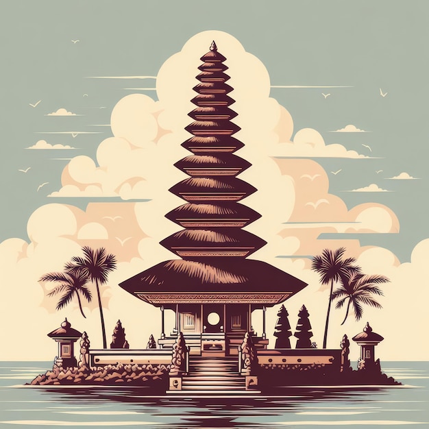 Templo de Bali perto do oceano ilustração vintage minimalista