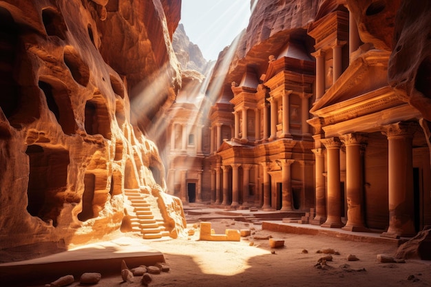 Templo de Petra na rocha com esculturas e turistas IA generativa