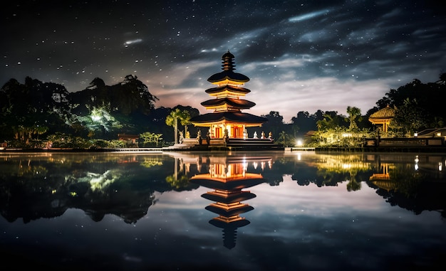 Templo de Pura à noite com céu estrelado e reflexo na água Nyepi em Bali, Indonésia.