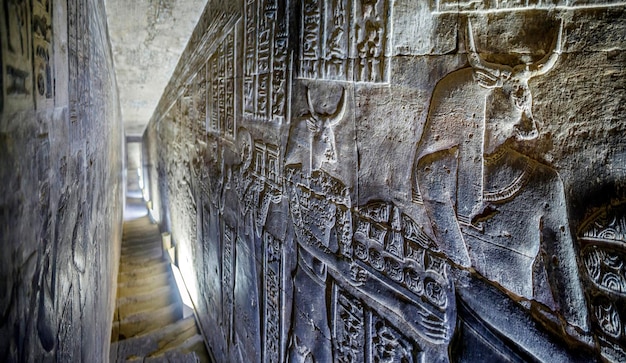 Templo de Dendera o Templo de Hathor Egipto. Pasillo con imágenes en relieve basadas en la mitología del antiguo Egipto.