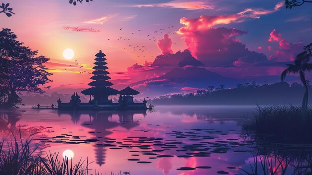 Templo del Día del Silencio de Nyepi por la noche en un lago pacífico