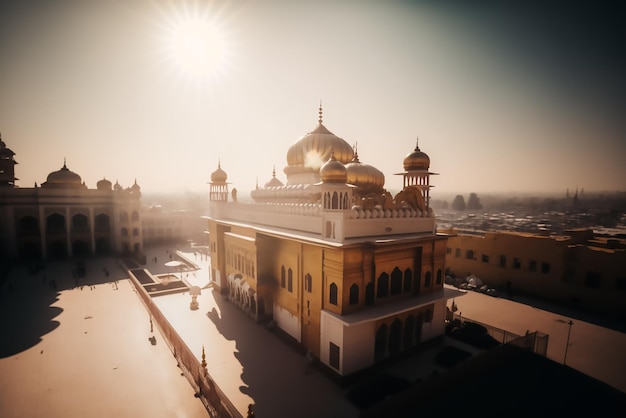 Un templo dorado en medio de la ciudad.