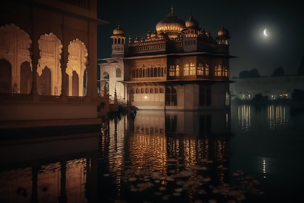 El templo dorado de noche con la luna al fondo