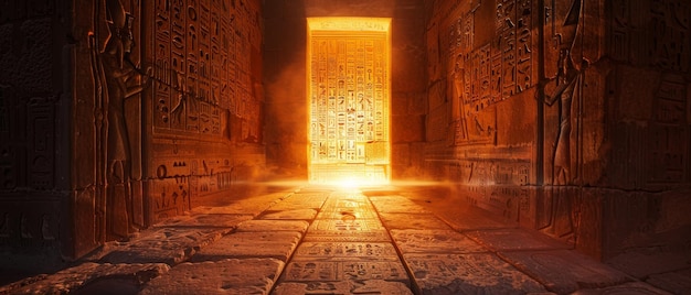 Foto templo de edfu pasaje de aswan flanqueado por dos paredes brillantes con jeroglíficos iluminados por una luz de fondo naranja