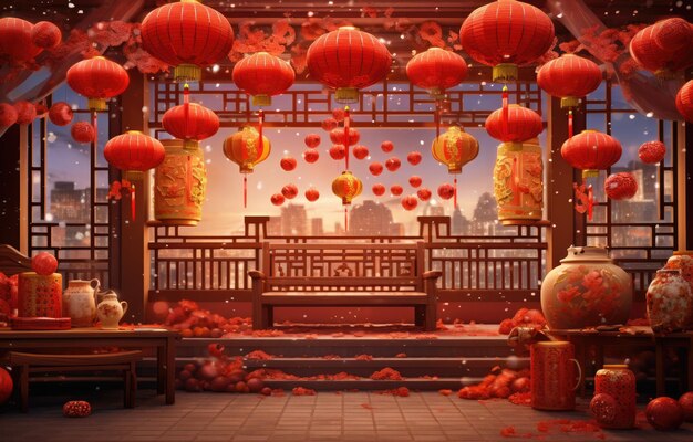 Templo de estudio fotográfico de celebración del Año Nuevo chino con decoraciones tradicionales, linternas y símbolos de prosperidad