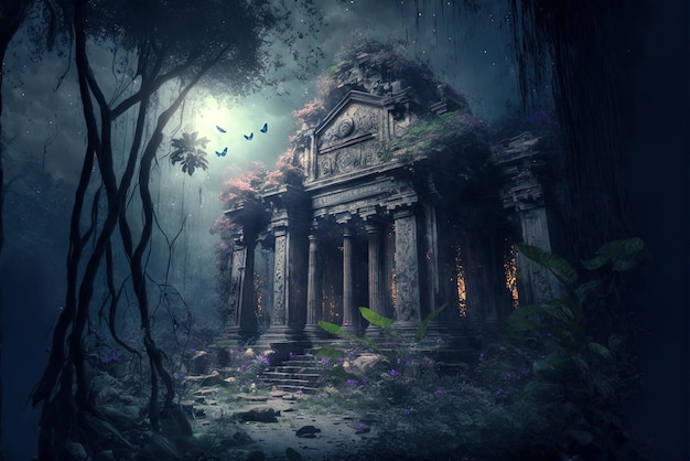 Templo de fantasía en la jungla por la noche ruinas de edificios antiguos en el bosque tropical IA generativa