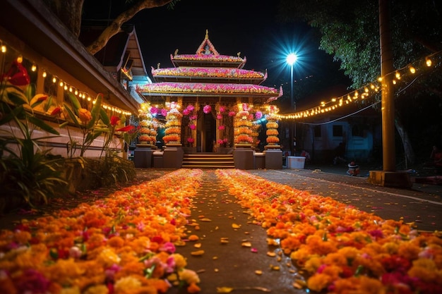 un templo con flores y velas en primer plano