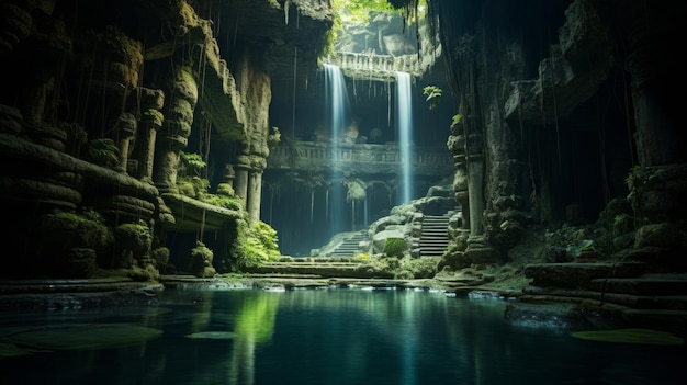 Templo grego subterrâneo fungos bioluminescentes cachoeiras subterrâneas