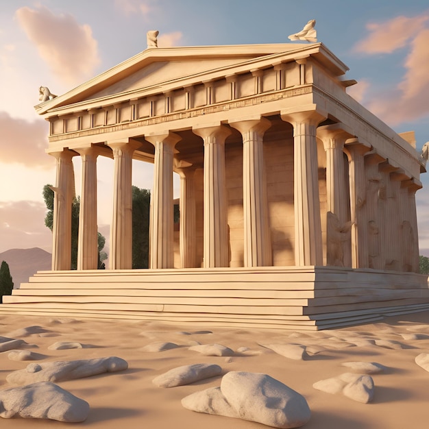 Un templo griego con majestuosas columnas y estatuas de antiguos dioses Arquitectura griega